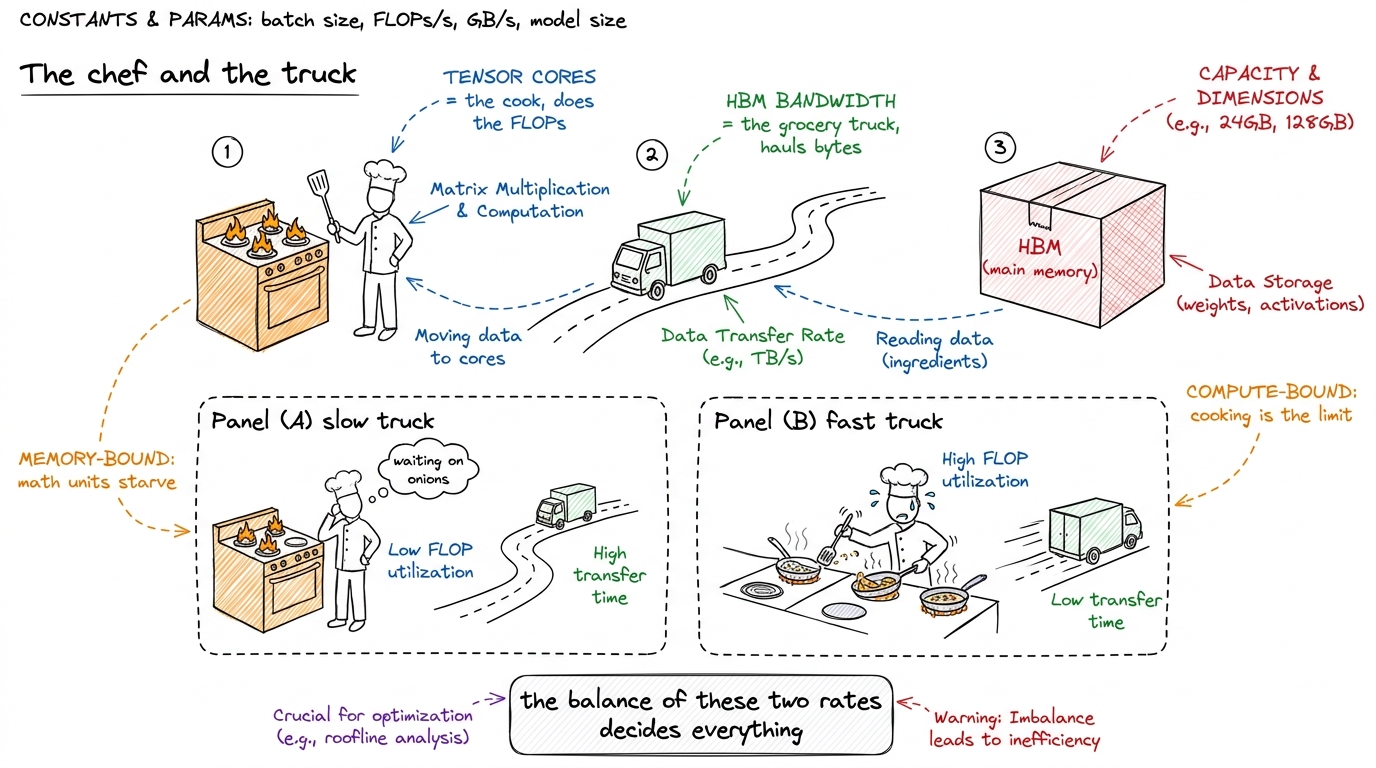The whole article in one picture: tensor cores are the cook, bandwidth is the delivery truck. When the truck can't keep 