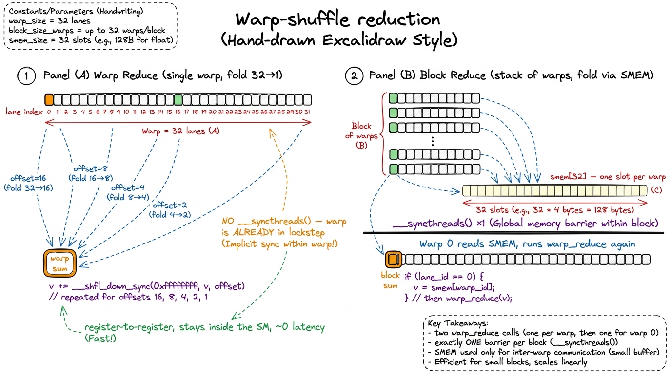 Warp shuffles do the intra-warp folds in registers with no barriers; shared memory only carries the ≤32 per-warp partial