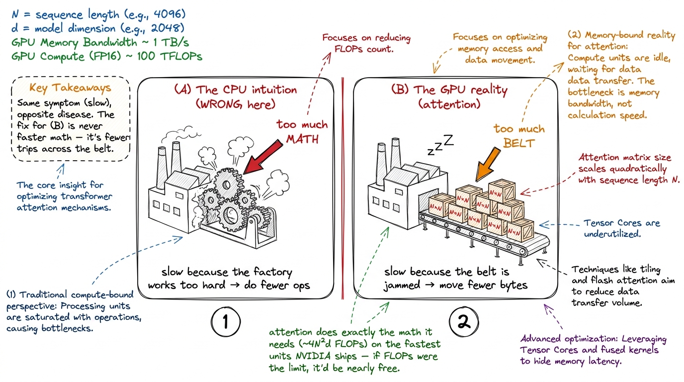 On a CPU you are usually compute-bound; naive attention is memory-bound. The cure is the opposite of what CPU instinct s