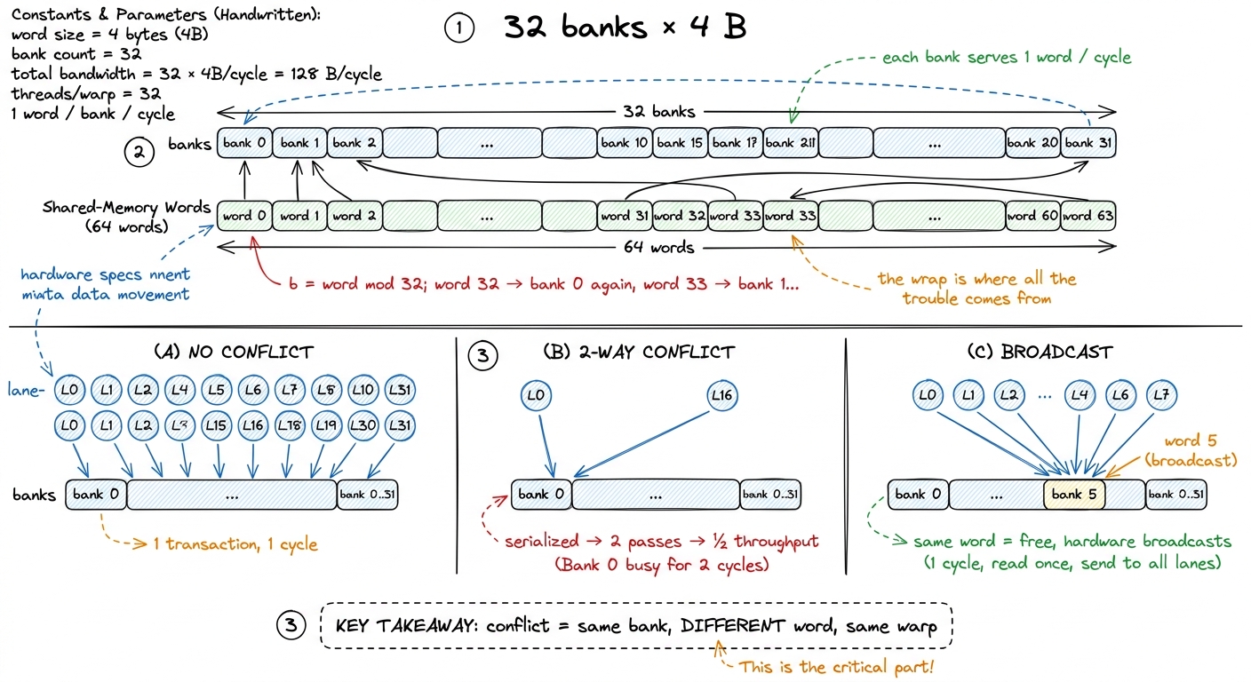 The bank map, the mental model for the whole article. A warp reads at full speed only when its 32 lanes touch 32 distinc