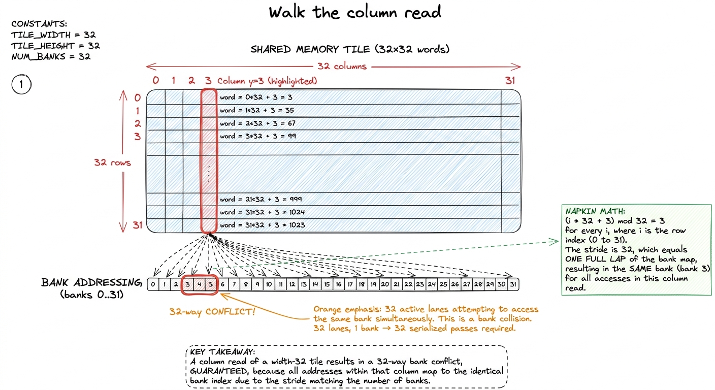 The column read, drawn lane by lane. Because 32 is exactly the number of banks, a stride-32 access lands every lane on o