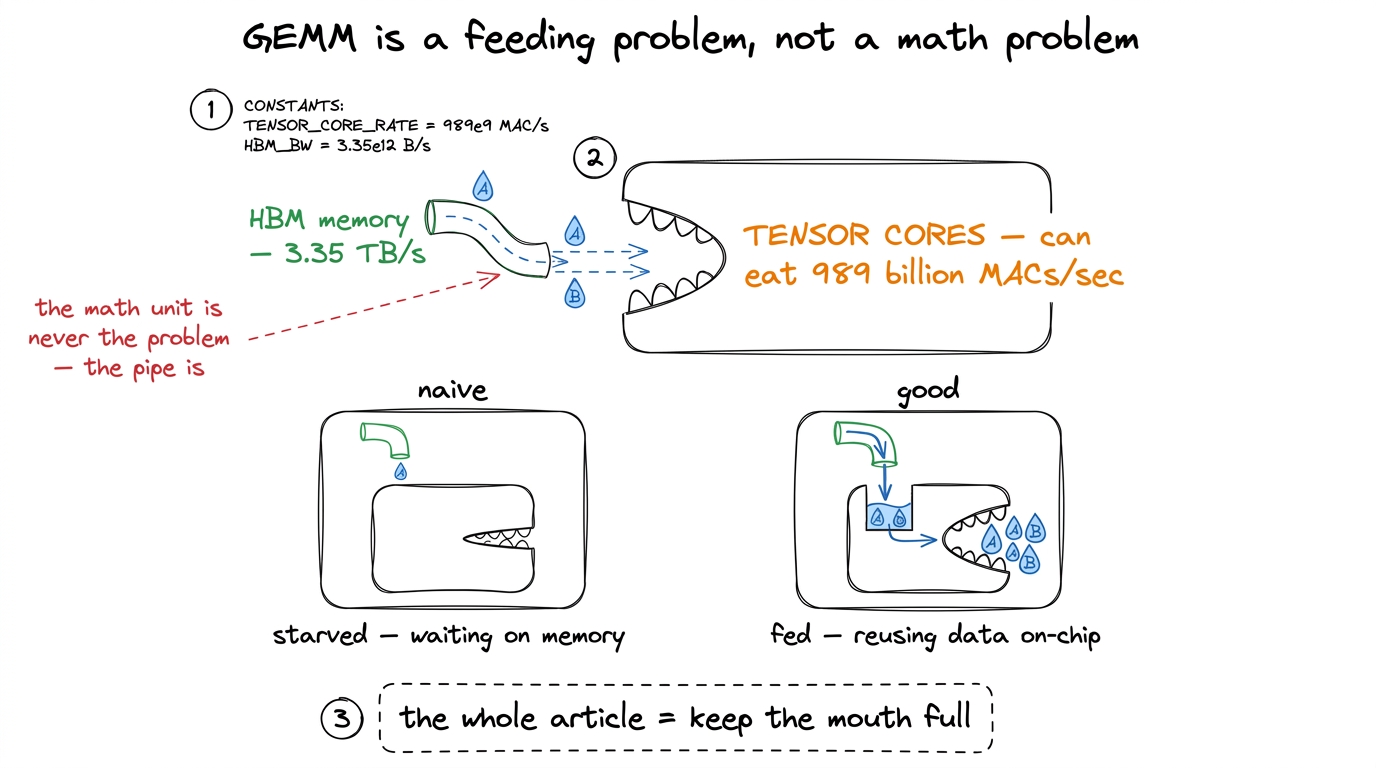 The one mental model for the whole article: the arithmetic units are ravenous and fast; success is keeping them fed from