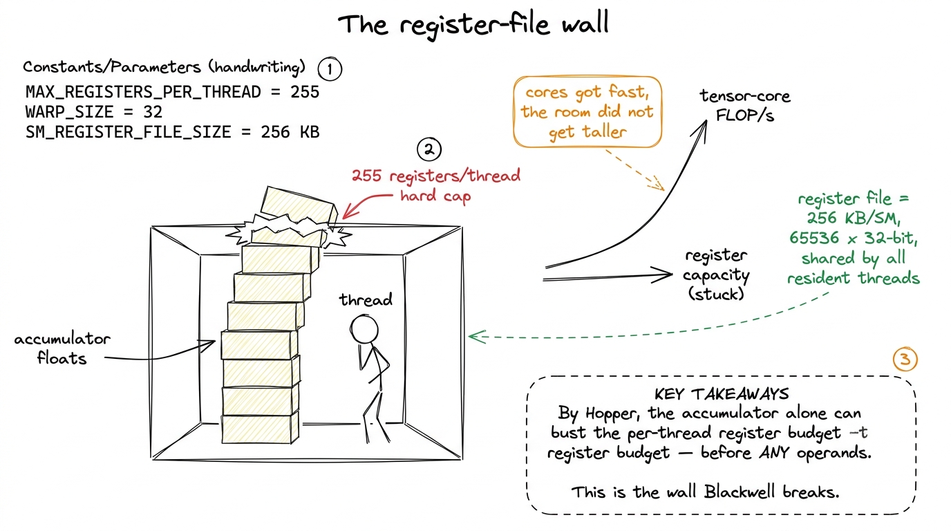 The register file stopped scaling with tensor-core throughput. A large FP32 accumulator can exceed the 255-register-per-