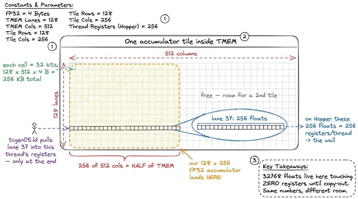 Zooming into the 128-lane x 512-column TMEM grid. A 128x256 FP32 accumulator occupies exactly half the columns, one lane