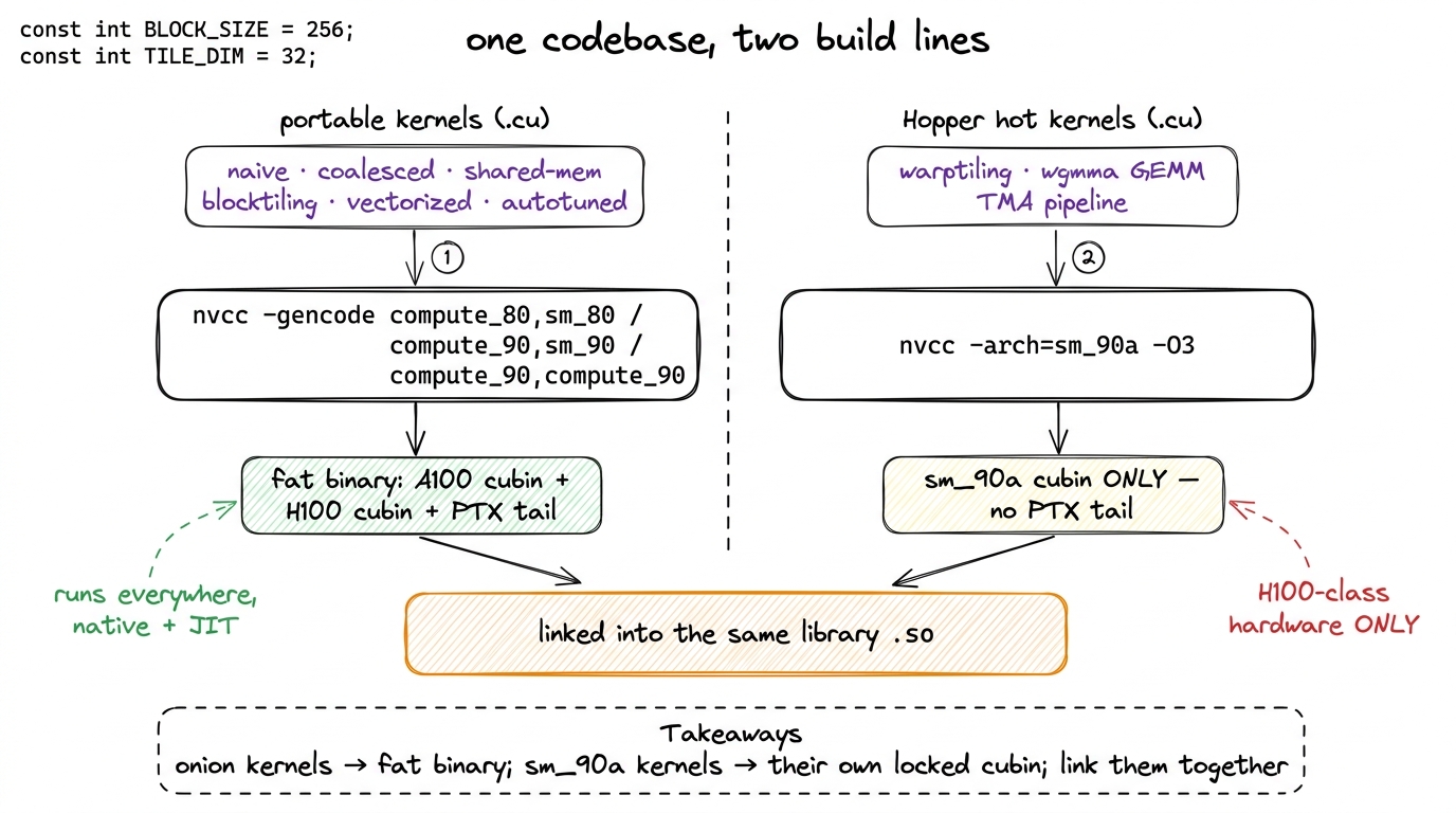 Split the library by translation unit: portable kernels build as a fat binary, Hopper-only kernels build separately for 