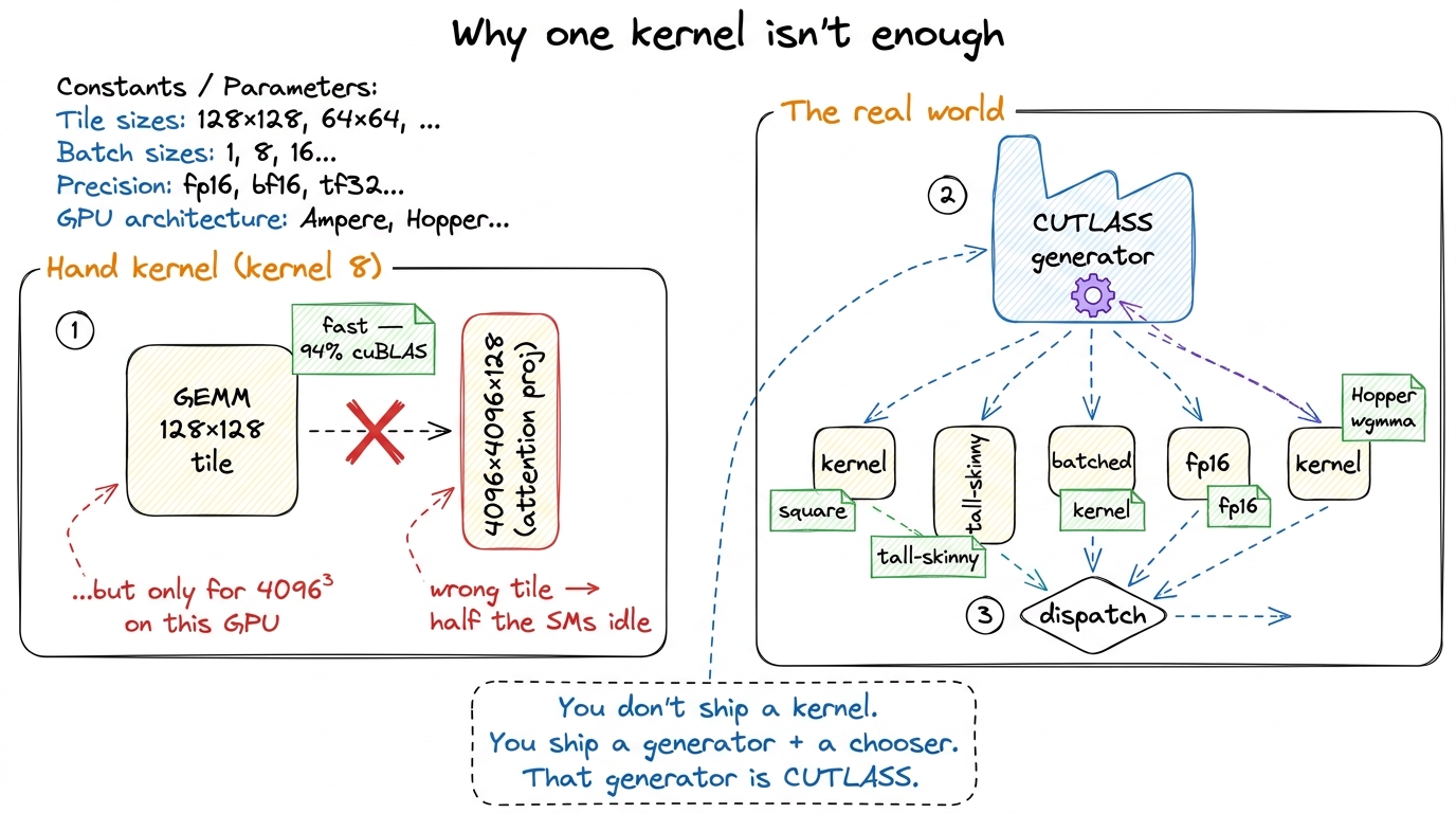 A single hand-tuned kernel is fast for exactly one shape on one GPU. Production GEMM needs a whole family of kernels plu