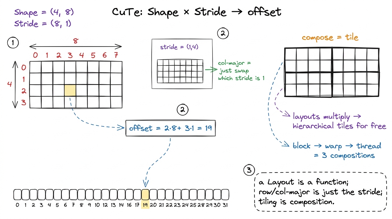 A CuTe Layout is a Shape paired with a Stride — a pure function from logical coordinate to linear offset. Row-major vs c