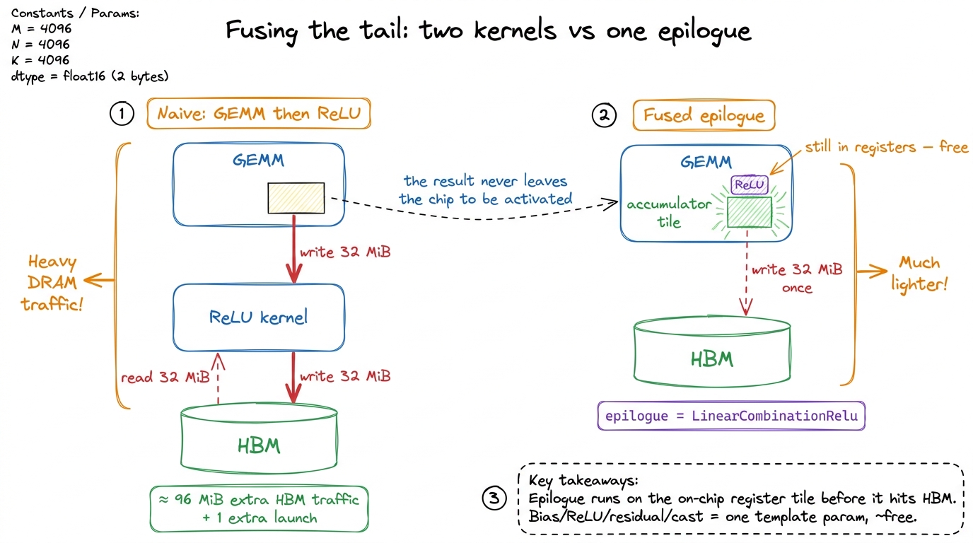 The epilogue runs while the result tile is still in registers, before it ever reaches HBM. Fusing bias/activation/cast t