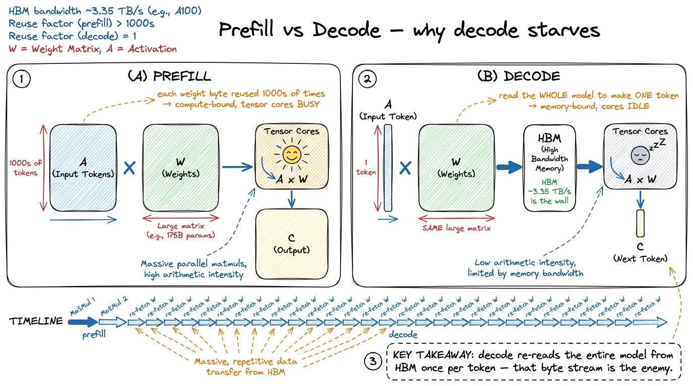 Prefill reuses weights across many tokens (compute-bound); decode re-fetches the whole model per token (memory-bound). S