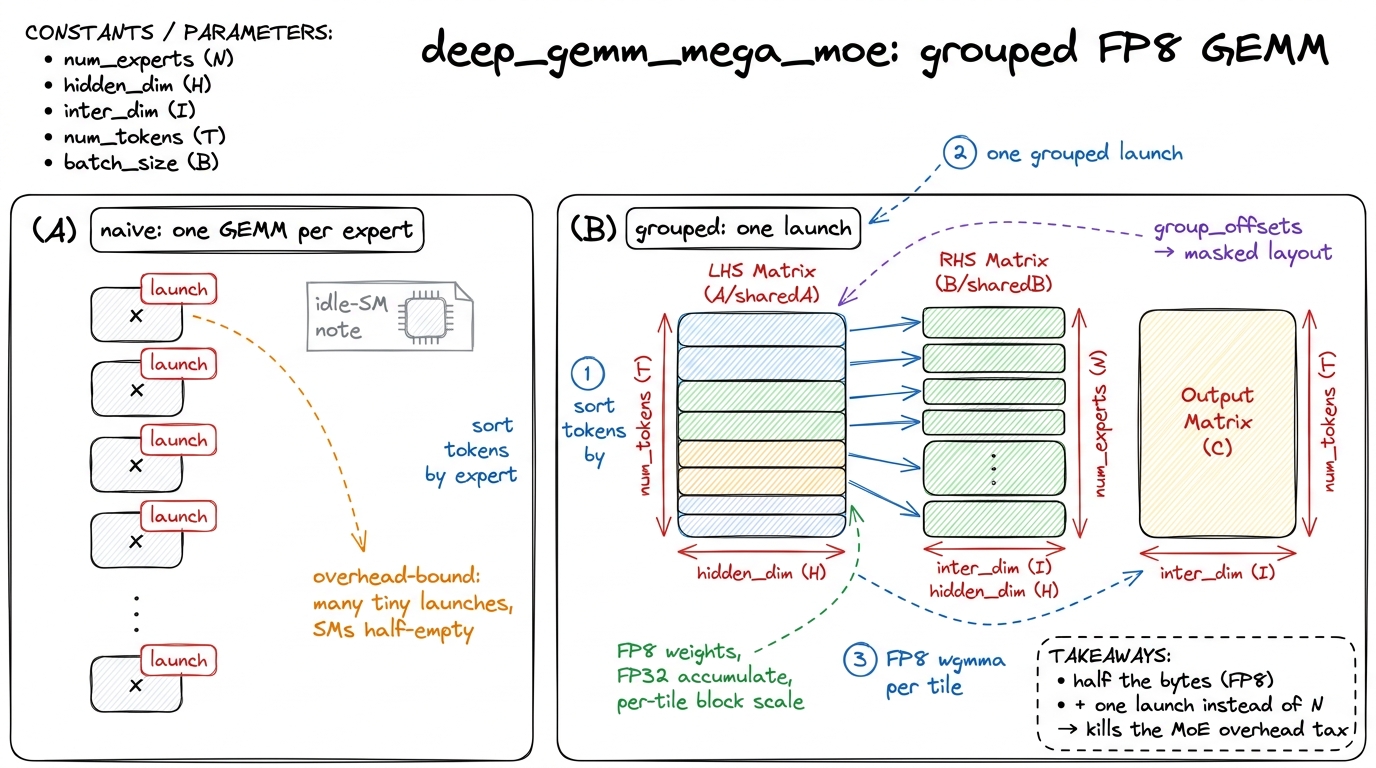 DeepGEMM packs all active experts into one FP8 kernel, trading a swarm of tiny launches for a single grouped GEMM.