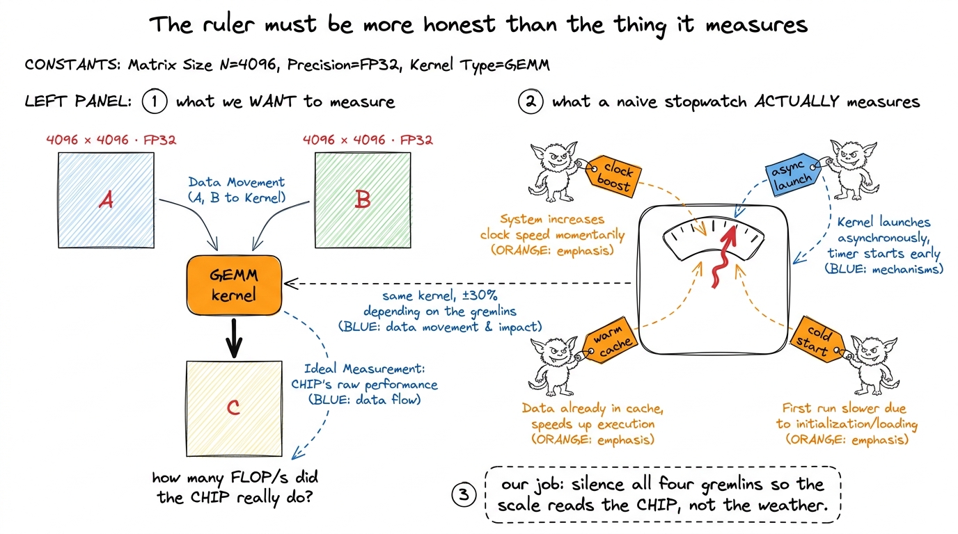 The mental model for the whole article. On the left, the honest quantity we want. On the right, the four gremlins that c