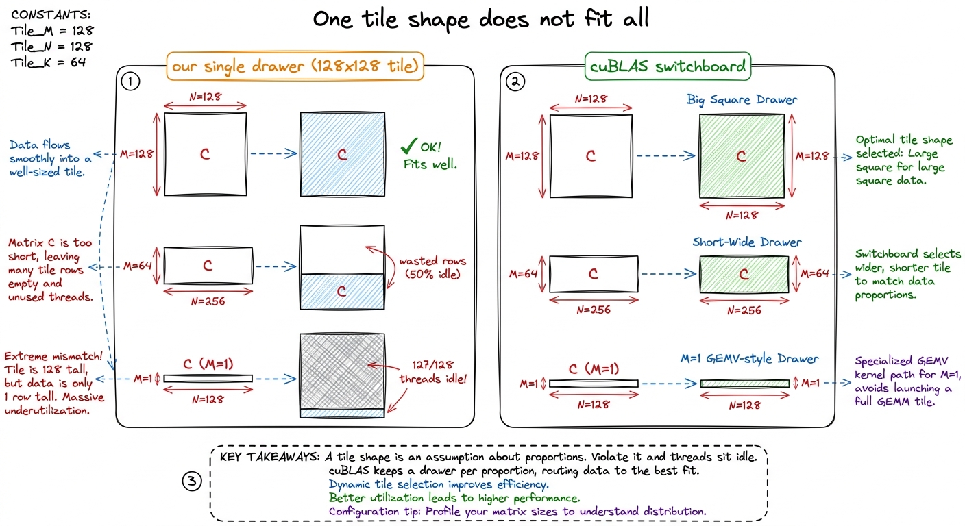 The same tile that's perfect for a big square wastes most of its threads on a skinny or single-row problem. cuBLAS route