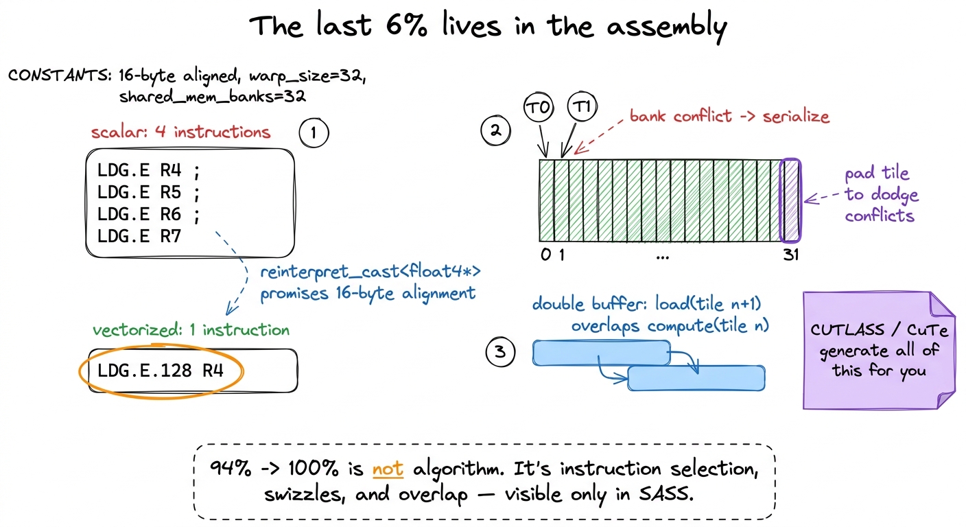 The final percent is won by forcing wide loads, dodging 32-way bank conflicts, and overlapping loads with compute — none