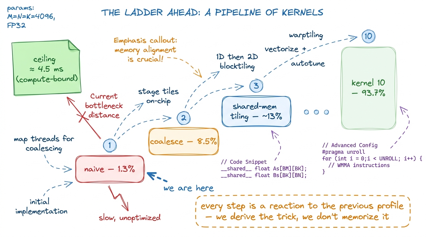 The climb ahead. Each rung is a single measured change; we start at 1.3% and, ten kernels later, reach 93.7% of a librar