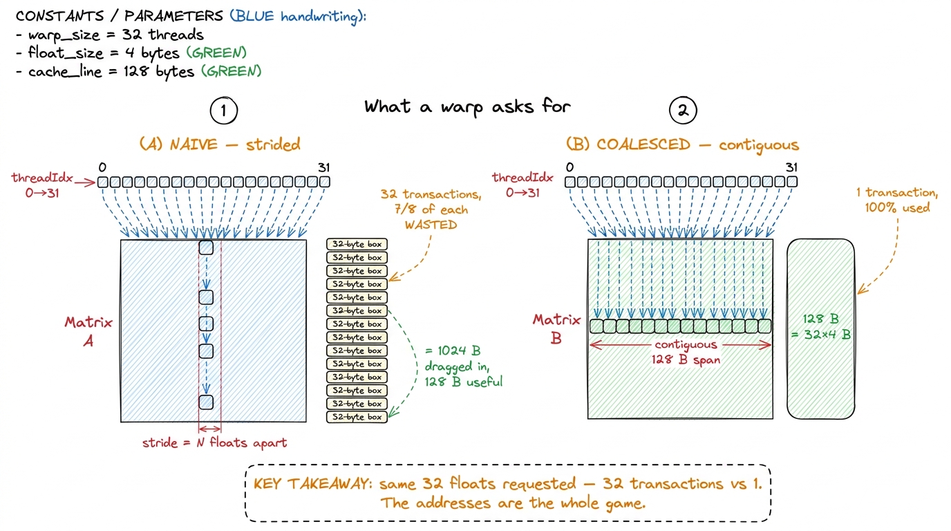 A warp's 32 lanes either fuse into one 128-byte transaction or splinter into 32 near-empty ones. Nothing else about the 