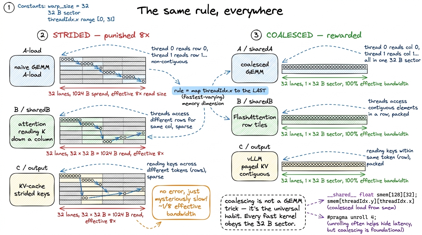 The coalescing rule generalizes far past GEMM. FlashAttention, vLLM's paged KV-cache, and DeepGEMM all exist partly to k