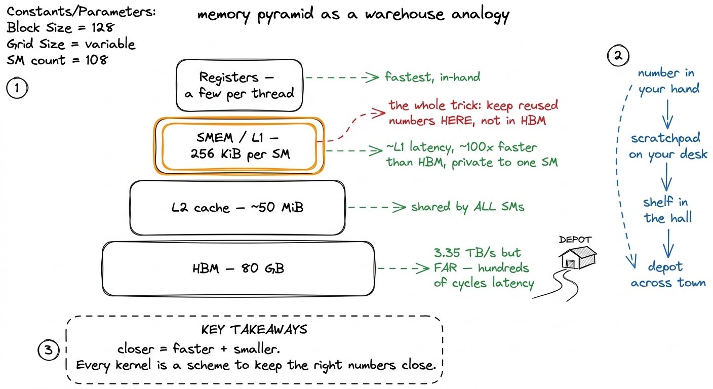 The memory hierarchy as a warehouse. Speed and capacity trade off at every level; the game is keeping reused values in t