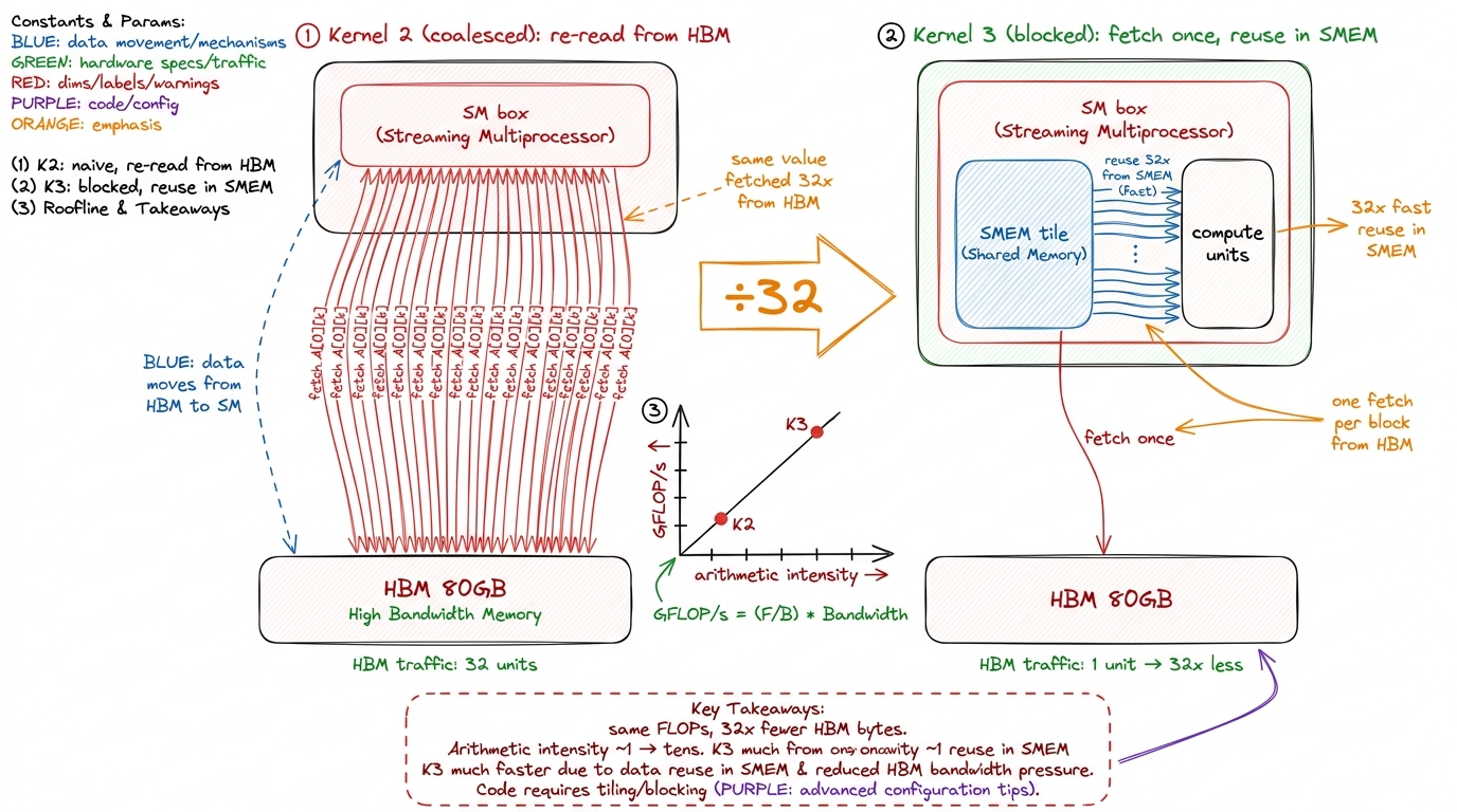 Before and after. The coalesced kernel re-reads each value from HBM once per reuse; the blocked kernel reads it once and