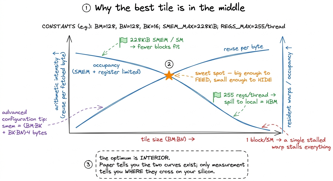 Two forces, opposite directions, different currencies. Reuse wants big; occupancy wants small; the winner is where they 