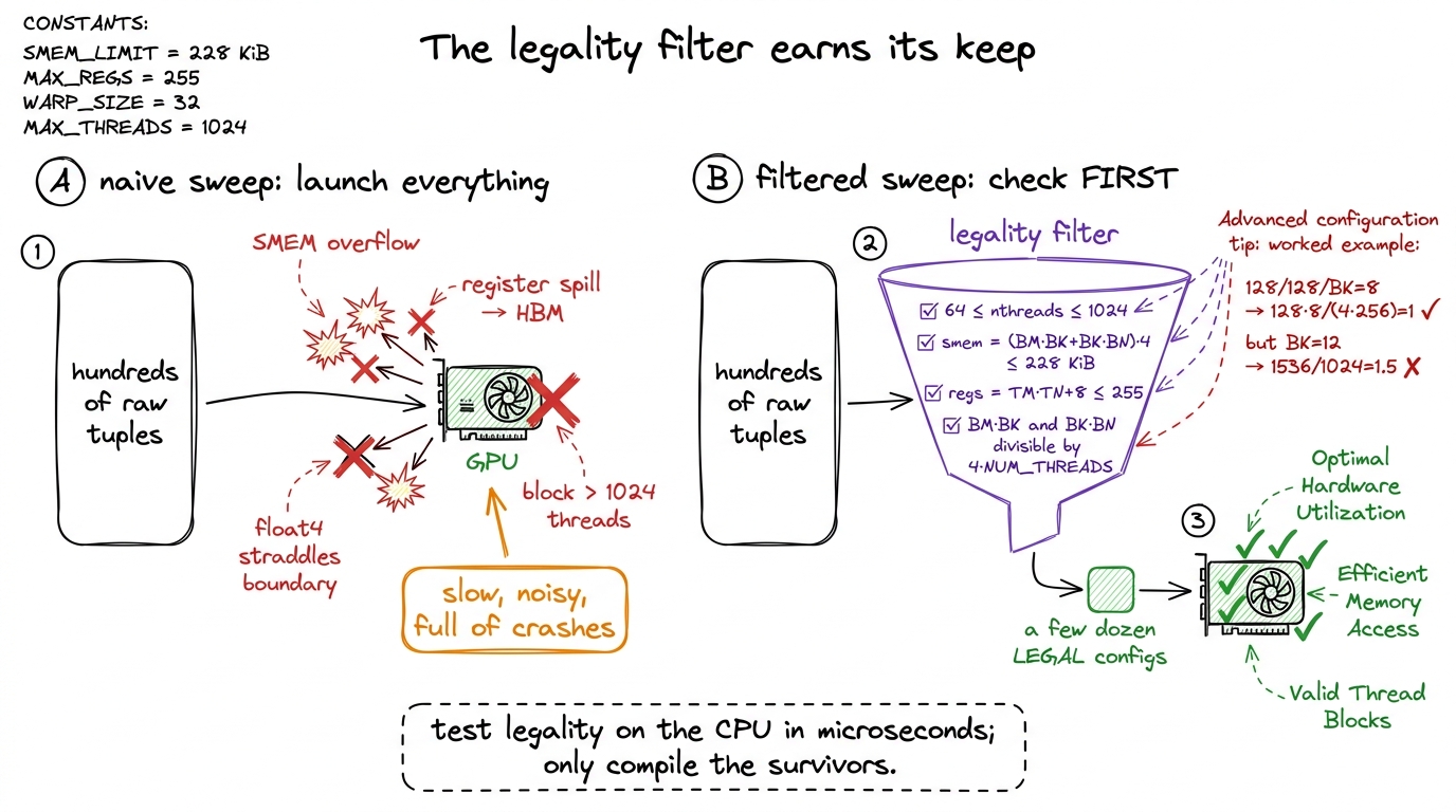 The same brute-force idea, done two ways. Launching everything means most of your sweep is crash handling. Filtering fir