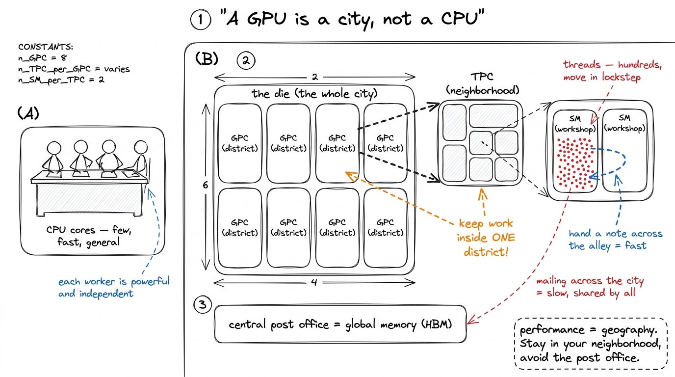 The mental model we reuse throughout: the die is a city of districts (GPCs) → neighborhoods (TPCs) → workshops (SMs) → l
