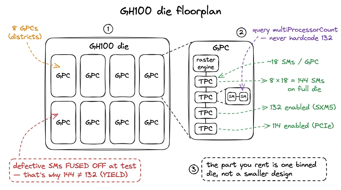 The GH100 floorplan: 8 GPCs, ~18 SMs each, 144 on the die but 132/114 enabled after fusing off defective SMs for yield.