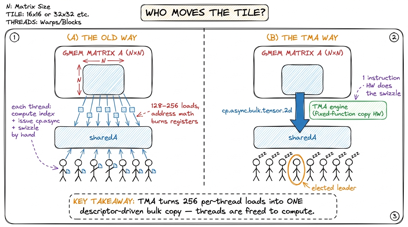 Left: the hand-rolled cp.async world, every thread its own courier. Right: TMA, one elected thread hands a descriptor to