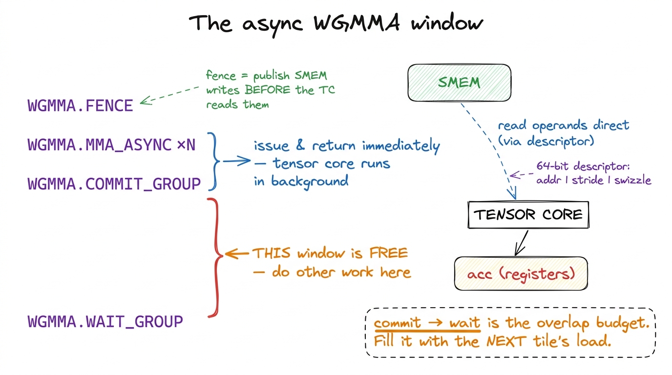 The async window. Everything between commit and wait is free time the warpgroup must spend usefully — that free time is 
