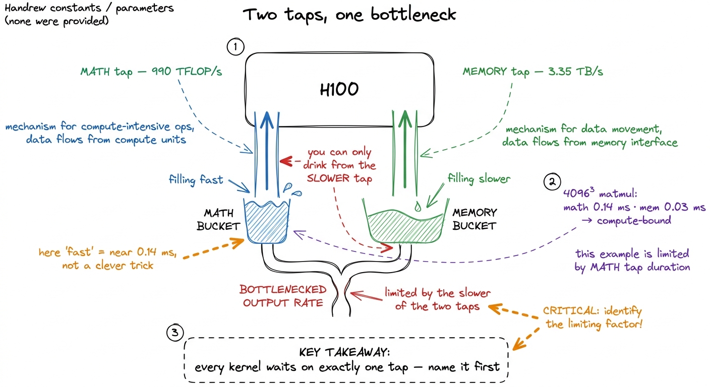 The central mental model for the whole site. A kernel is never limited by both taps at once — your first job is always t