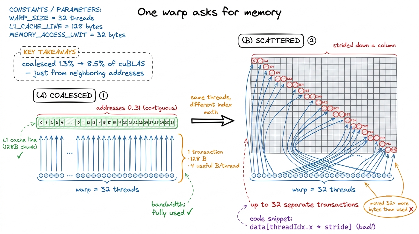 The single highest-leverage idea on the site, drawn small. Make 32 neighboring threads touch 32 neighboring addresses an