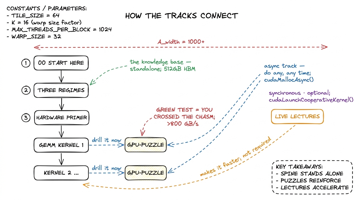 How the tracks connect. The article spine is self-contained; puzzles drill each rung; live lectures accelerate but are n