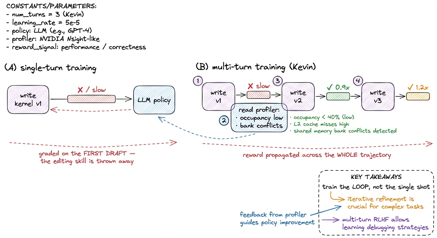 Single-turn training grades the first draft and discards the editing. Kevin trains the whole write-profile-revise loop, 