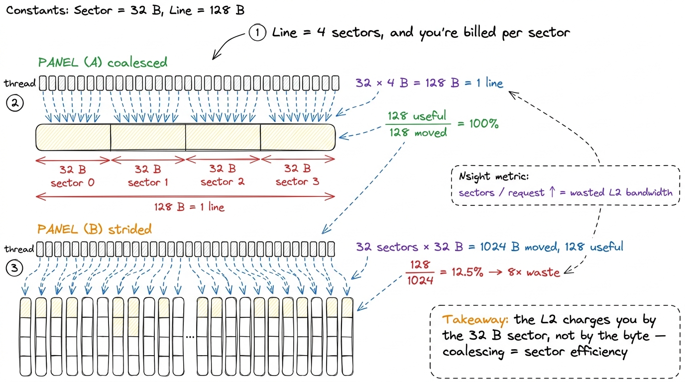 A 128 B line is four 32 B sectors. The memory system bills per sector, so the same 32 loads cost 128 B when contiguous a