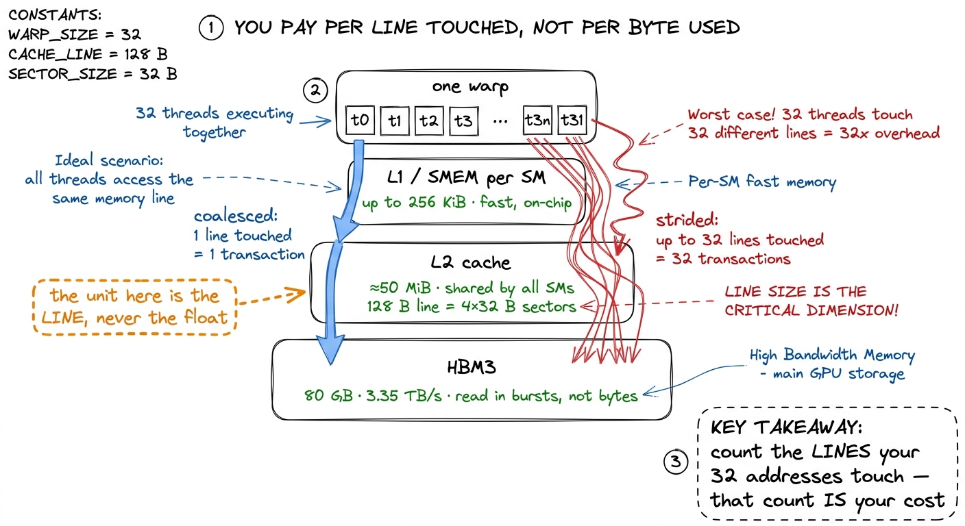Every load walks SM → L2 → HBM, and each level moves fixed-size lines. Your cost is the number of distinct lines your wa