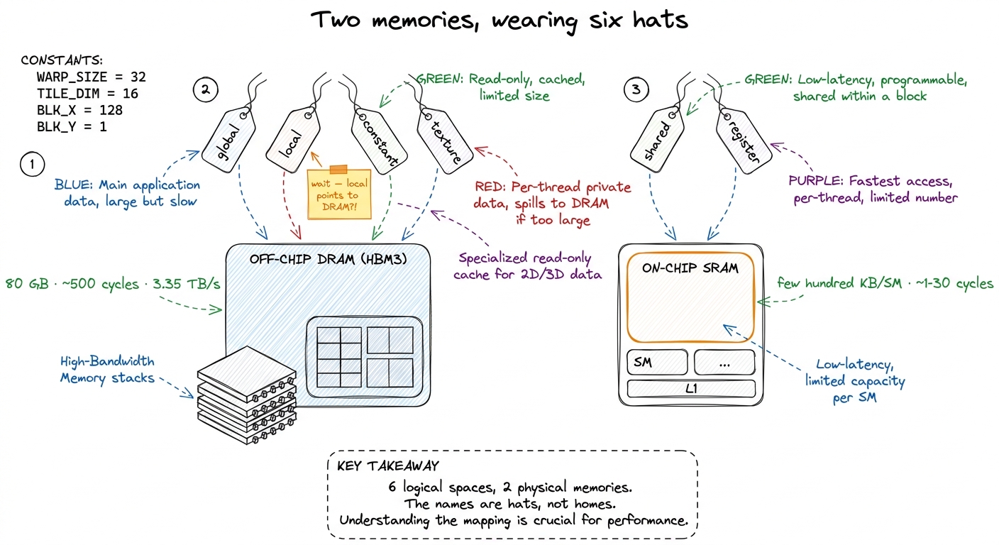 The mental model to keep for the whole article. There are only two real memories. The six CUDA 