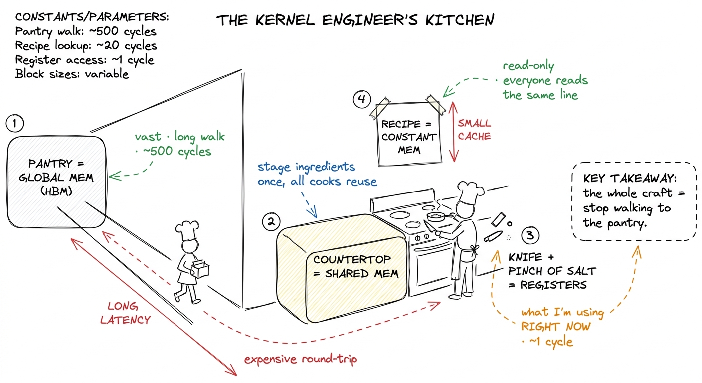 The mental model as a kitchen. Global is the far pantry; shared is the countertop; registers are your hands; constant is