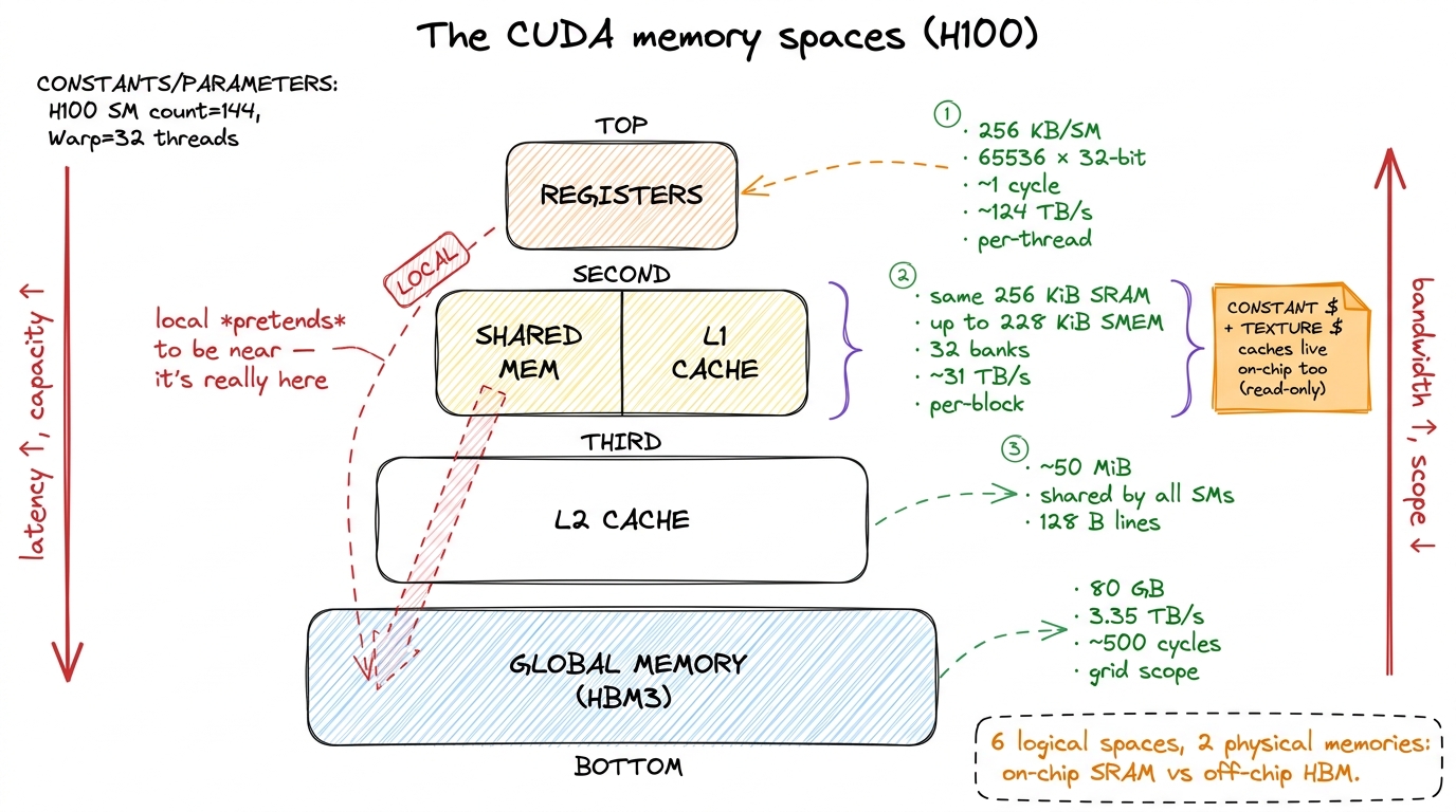 The memory pyramid. Fast and small at the top, slow and vast at the bottom. The engineer's job is to move the working se
