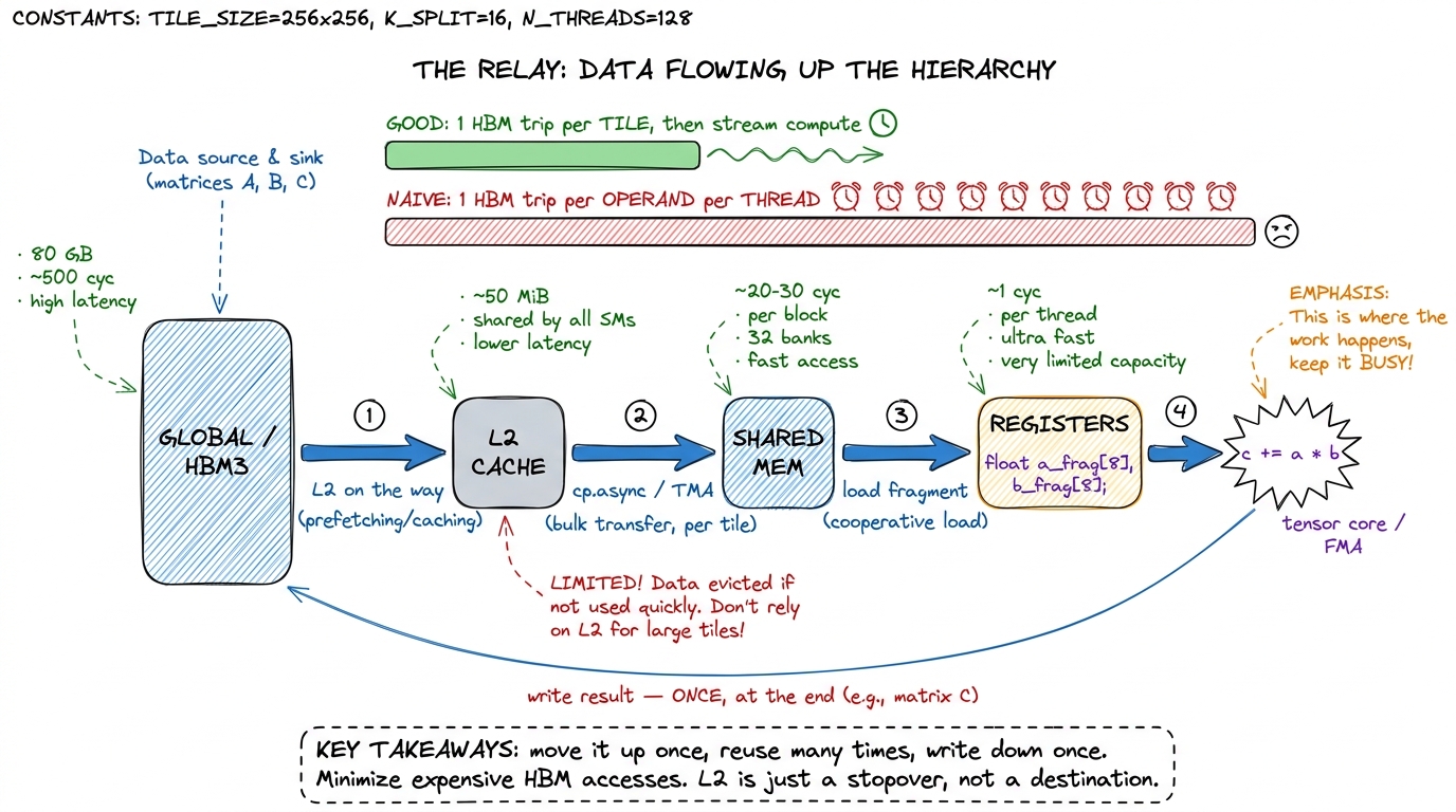 The memory hierarchy as a relay/pipeline. Data climbs HBM → L2 → shared → registers, computes at the top, and is written