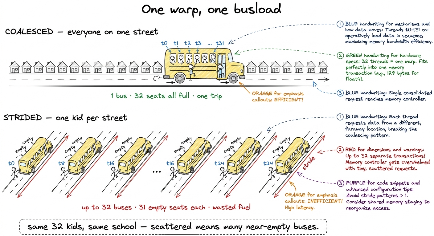 The core metaphor: a warp is a busload. Neighbours ride together in one trip; scattered riders each need their own near-