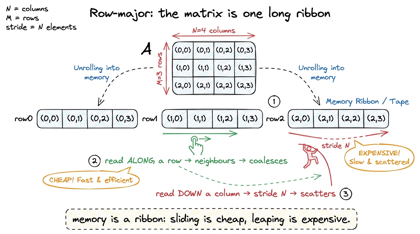 Row-major layout drawn as a ribbon: neighbouring columns are adjacent on the tape (coalesce), neighbouring rows are N fl