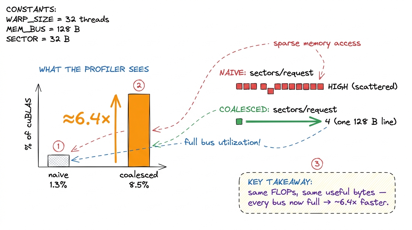 The change is invisible in the FLOP count and loud in the memory metrics: fuller buses, fewer trips, a 6× win.