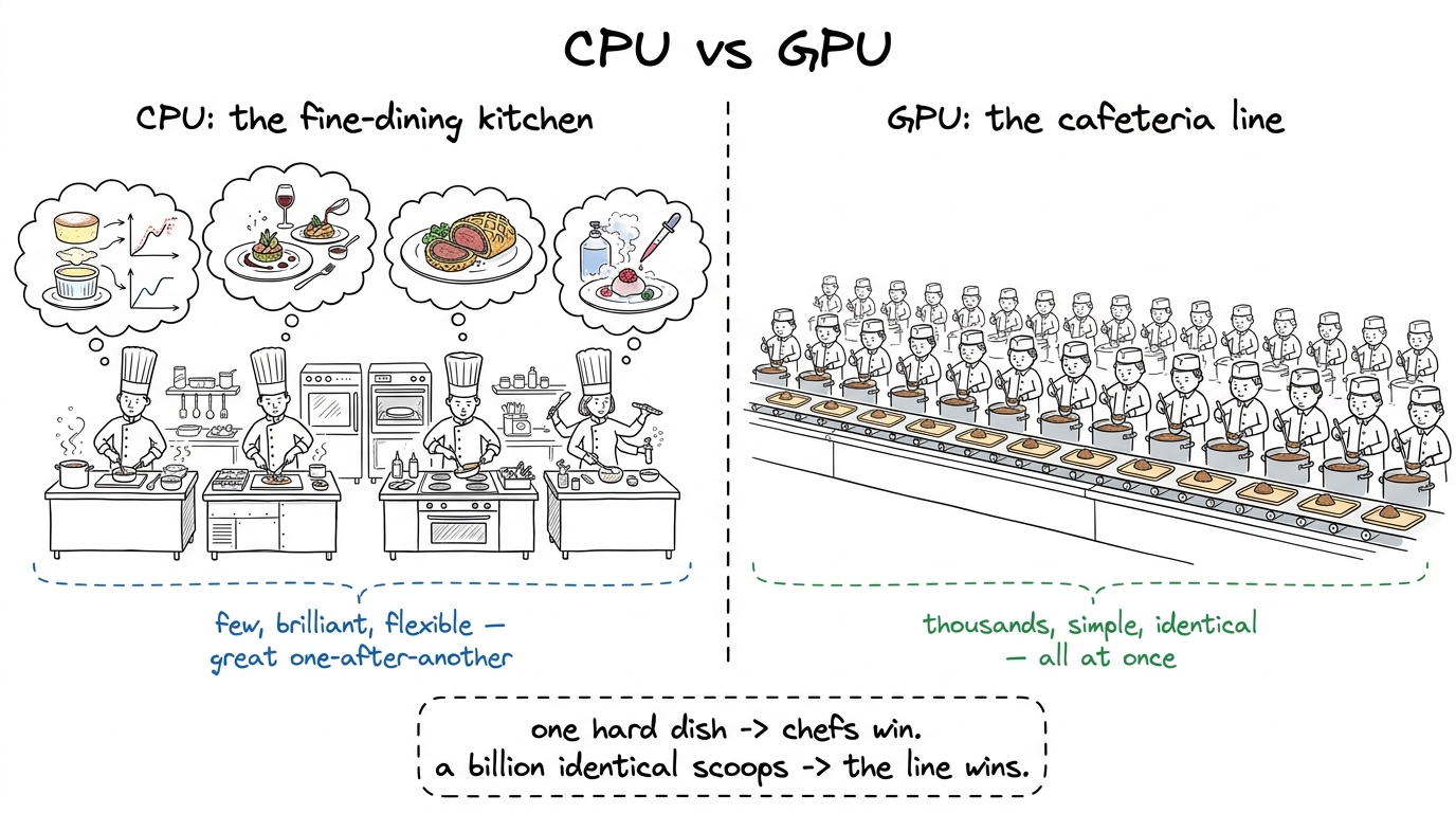 The core metaphor: a CPU is a few master chefs; a GPU is a thousand-strong cafeteria line doing the same tiny task at on