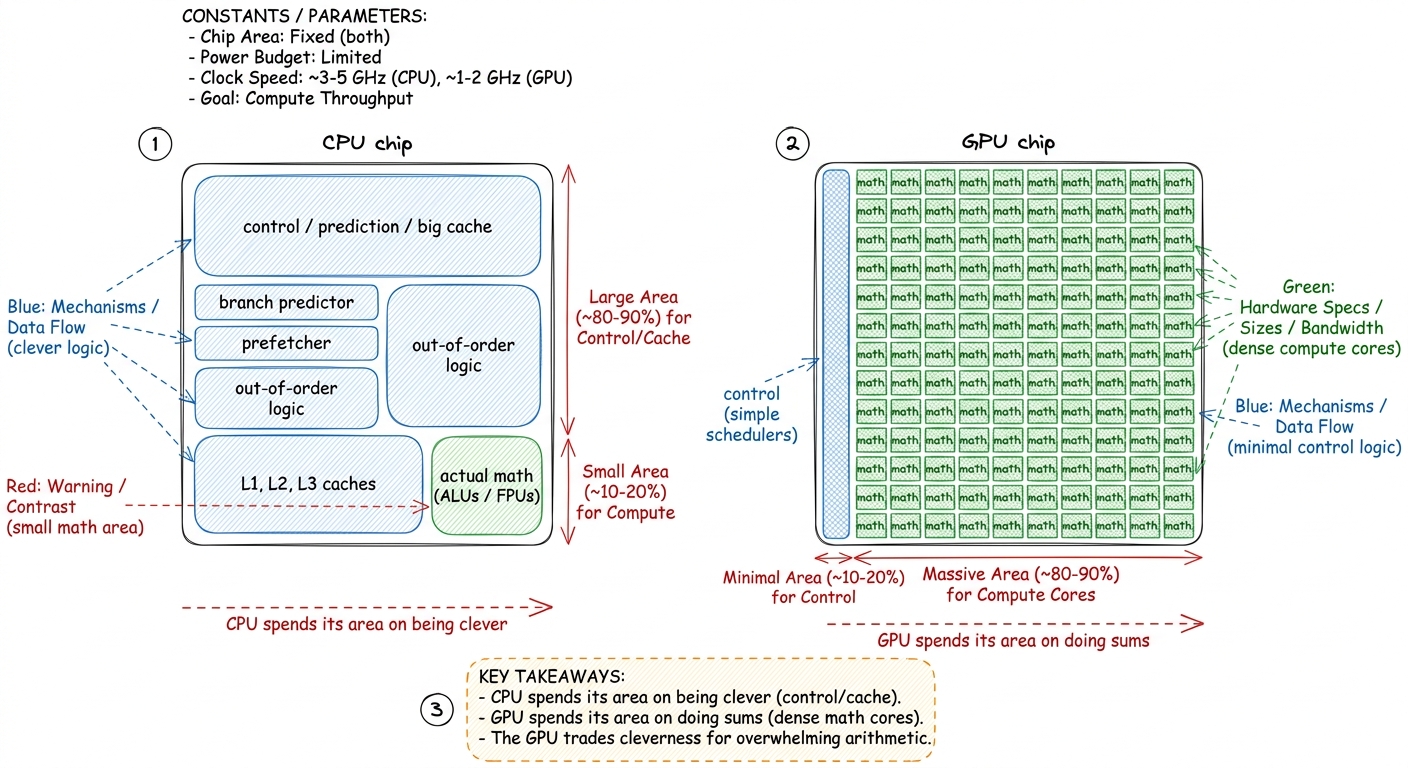 The trade, drawn as chip real estate: the CPU spends silicon on cleverness; the GPU spends it on raw math.