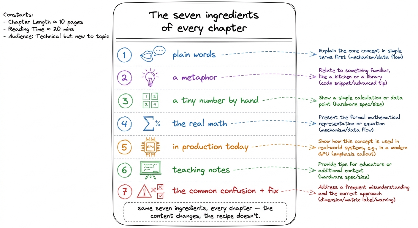 The fixed recipe behind every chapter: seven ingredients, always the same order, so you can read any chapter fast.