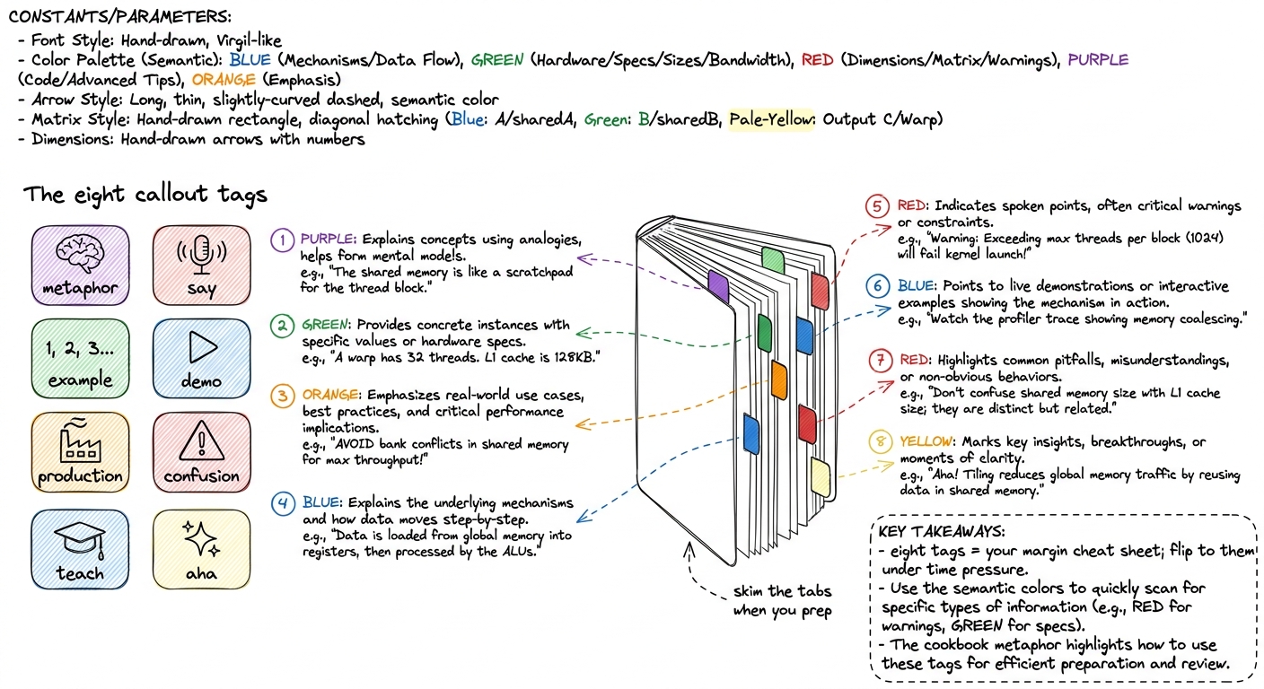 The eight callout tags, drawn as colored cookbook tabs you flip to when prepping.