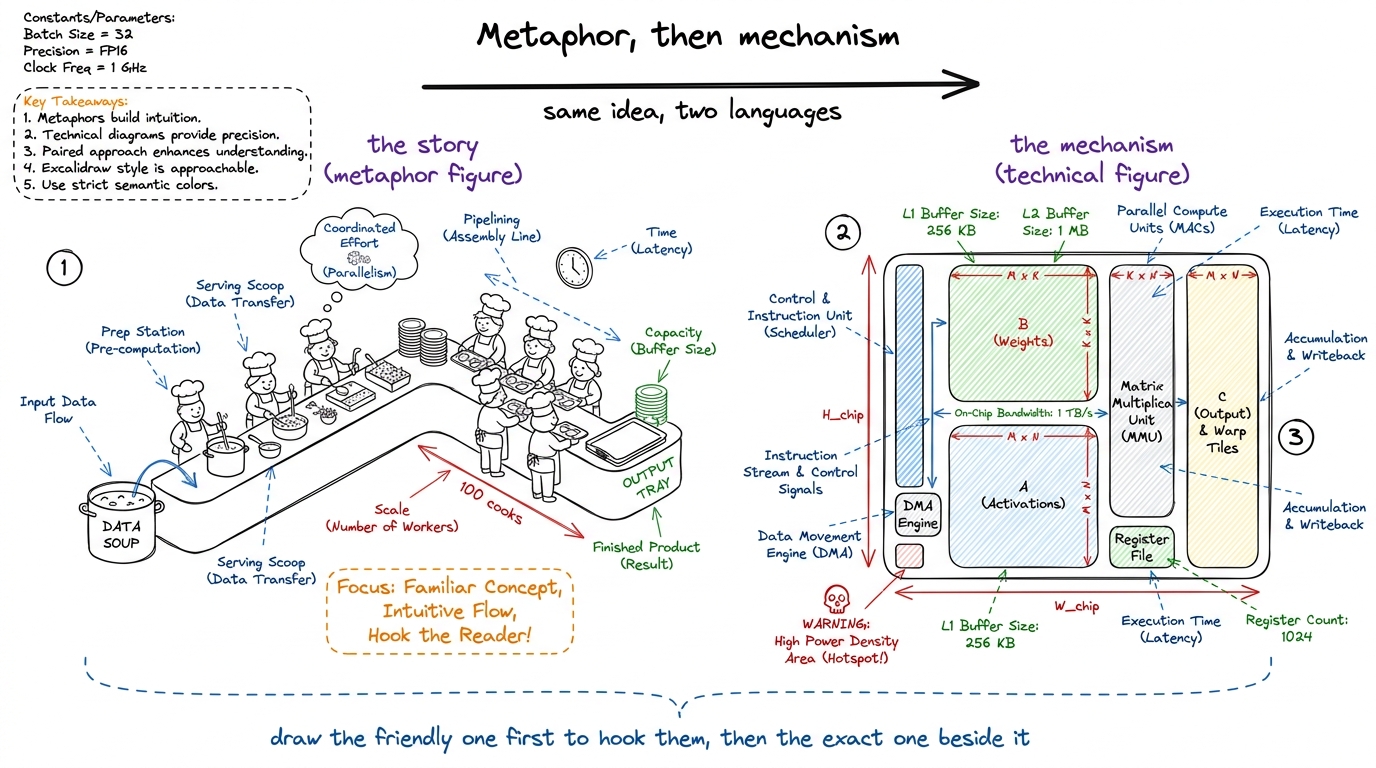 The two figure flavors side by side: warm metaphor on the left, precise mechanism on the right — draw them in that order