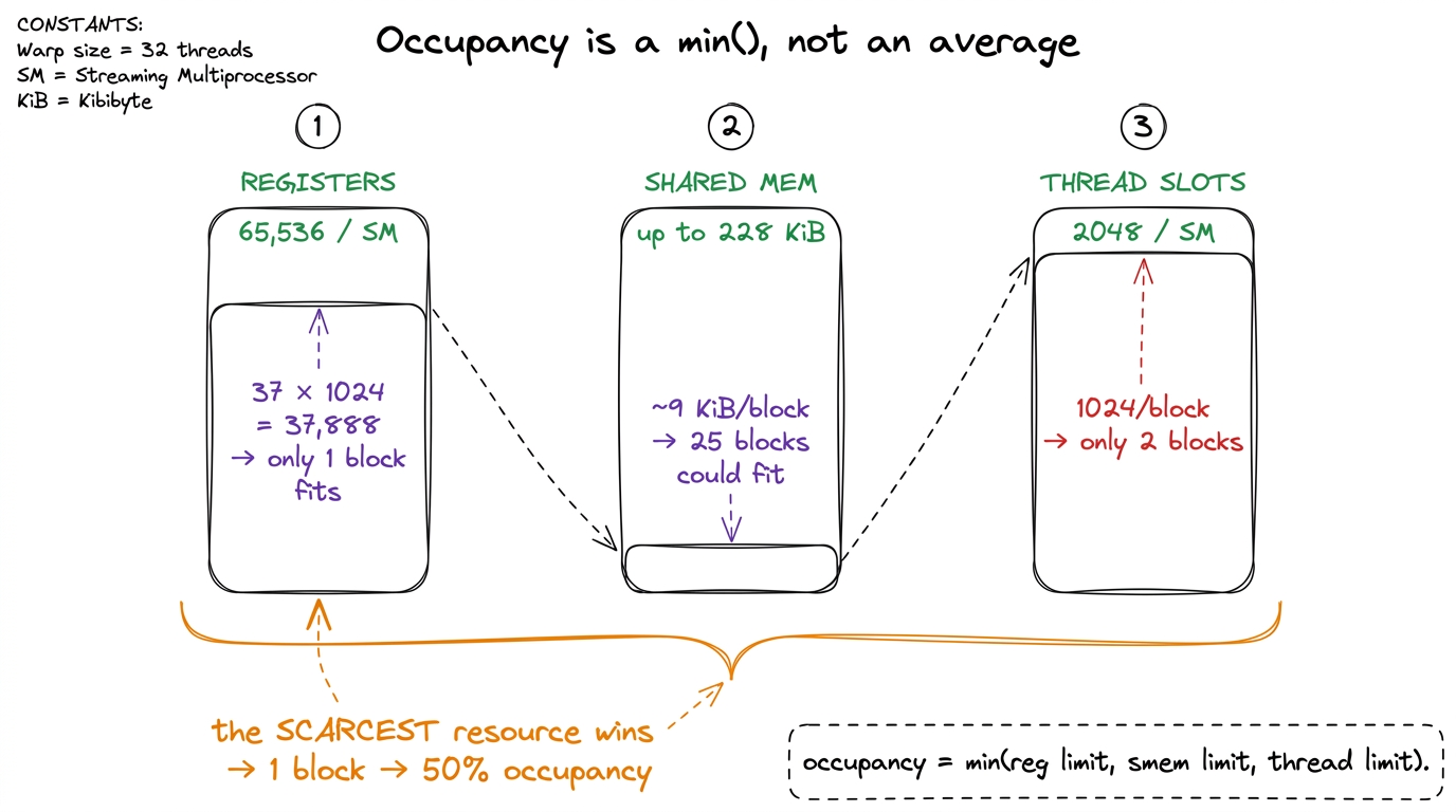 Three gauges, one verdict. Whichever resource is scarcest for your block caps how many warps go resident — here, registe