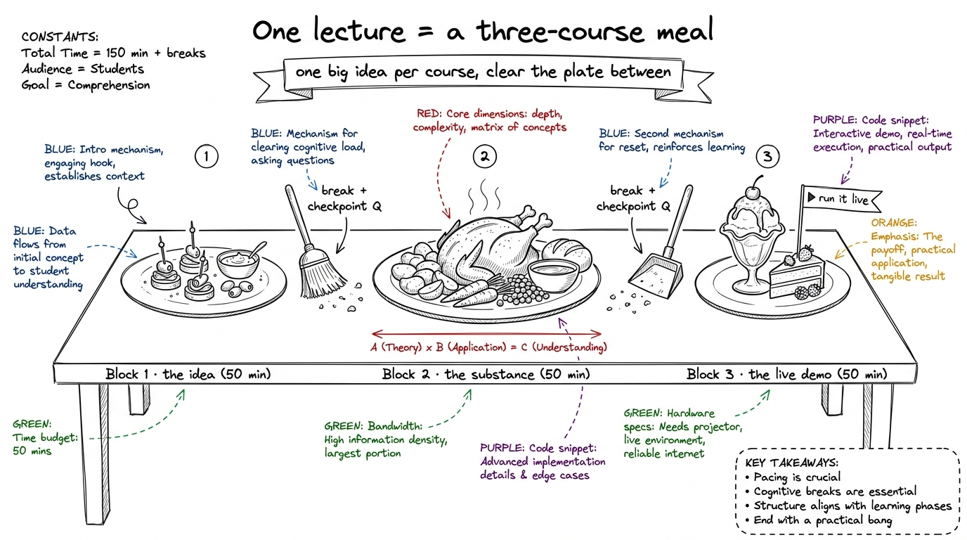 The universal shape of every lecture: three courses, cleared between with a break and a checkpoint question.