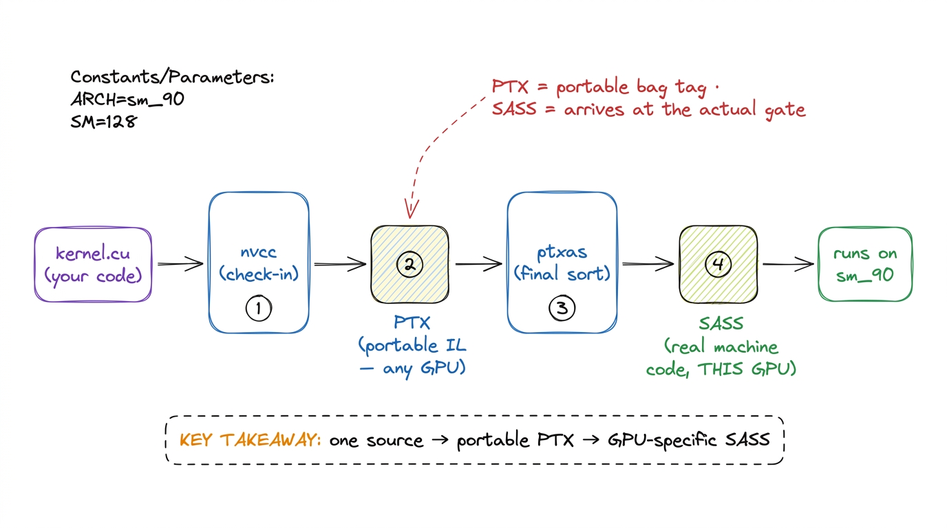 The compile pipeline as an airport belt: source to portable PTX to GPU-specific SASS.