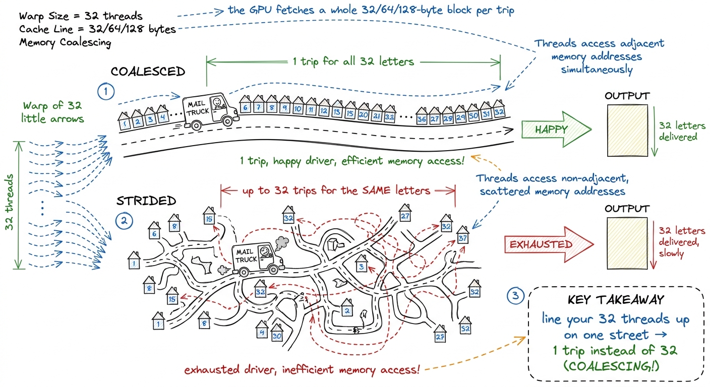 Coalescing as a mail carrier: neighboring addresses = one trip; scattered addresses = many trips for the same data.